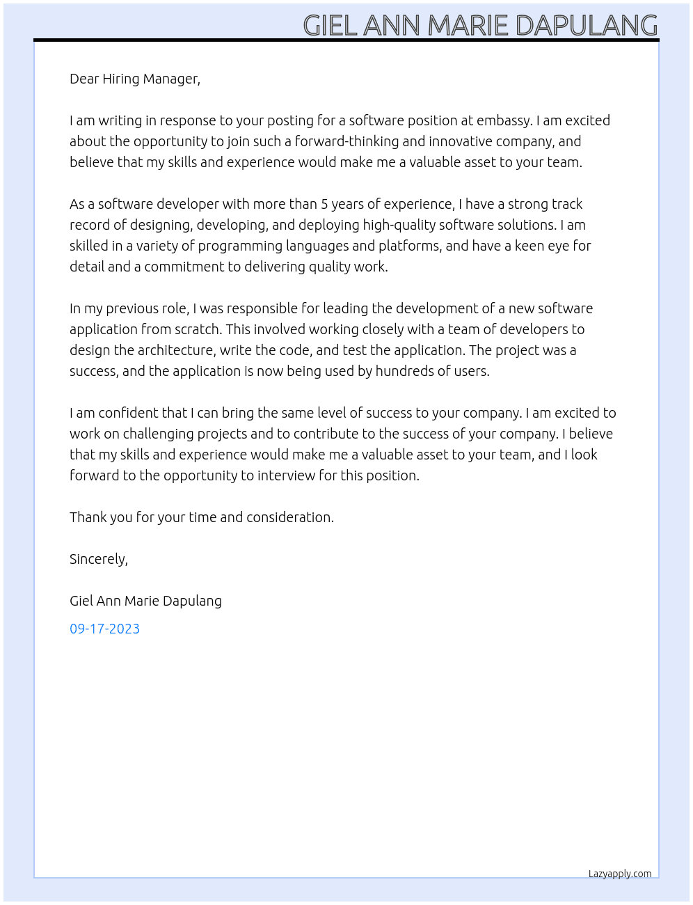 software At embassy Cover Letter