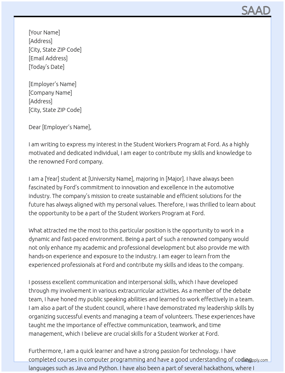 Cover letter for student workers program - LazyApply