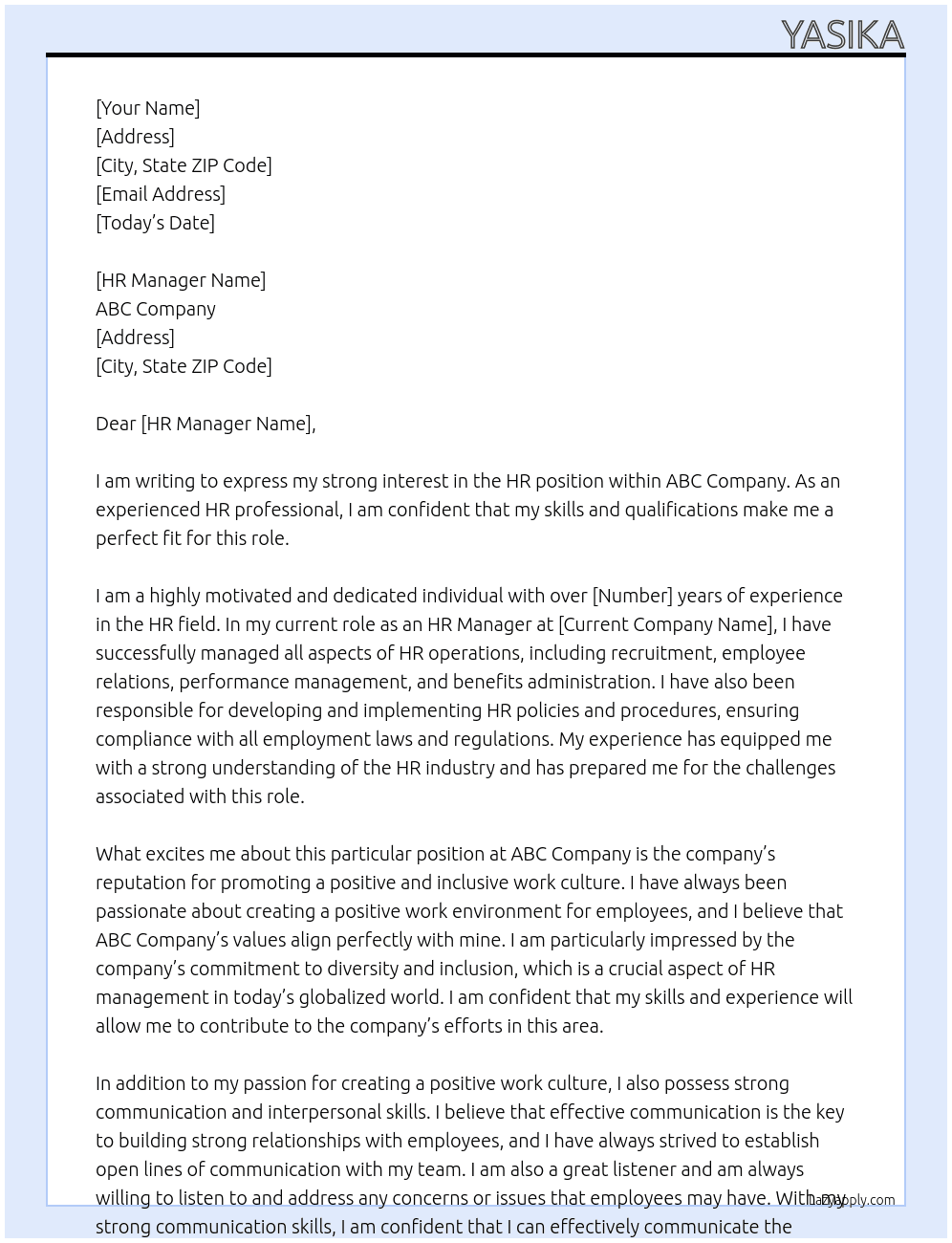 HR  At abc  Cover Letter