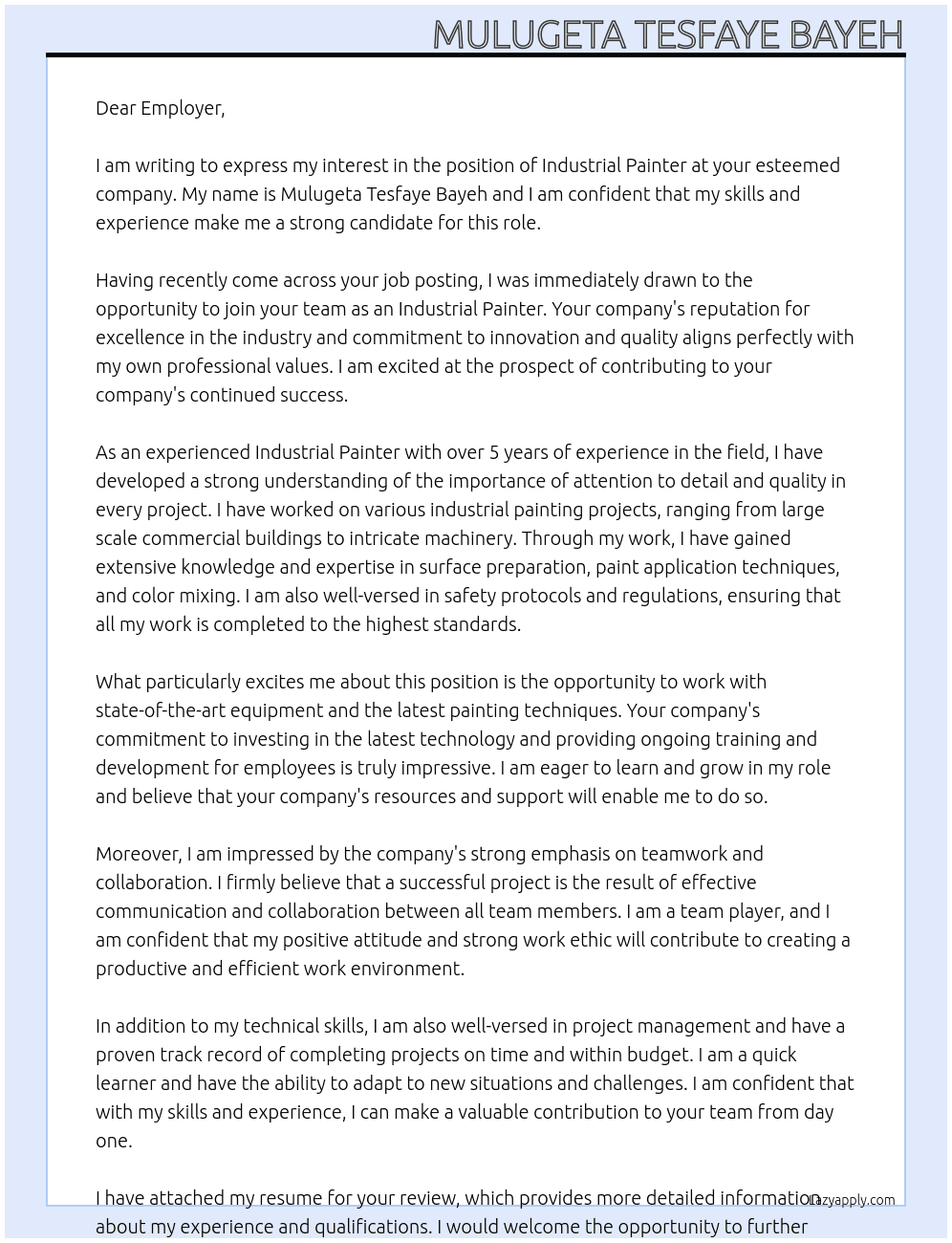 industrial painter At Dear Employer Cover Letter
