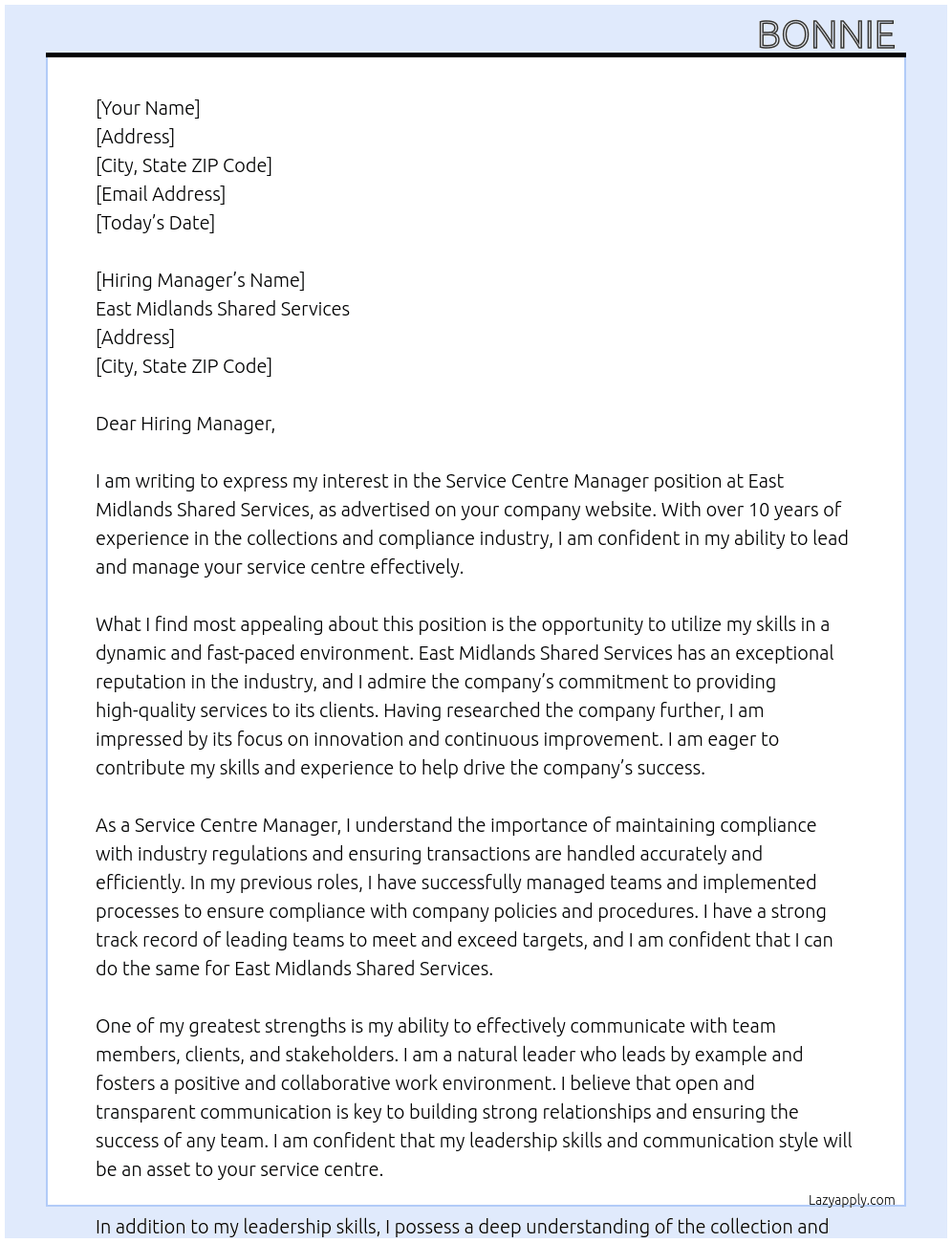 Service Centre Manager At East Midlands Shared Services Cover Letter