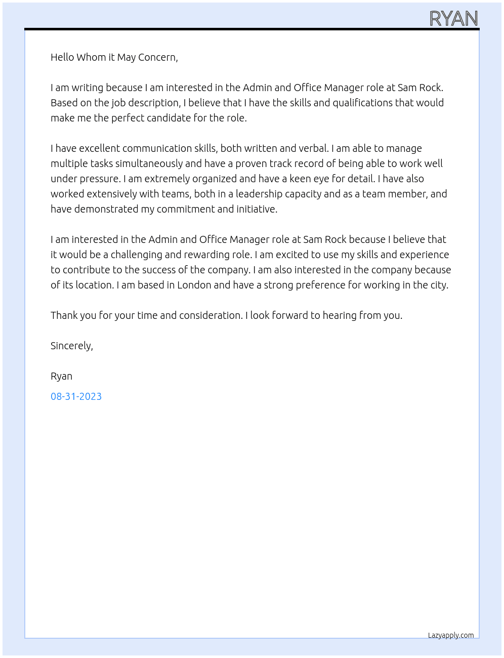 Admin and Office Manager  At Sam Rock Cover Letter