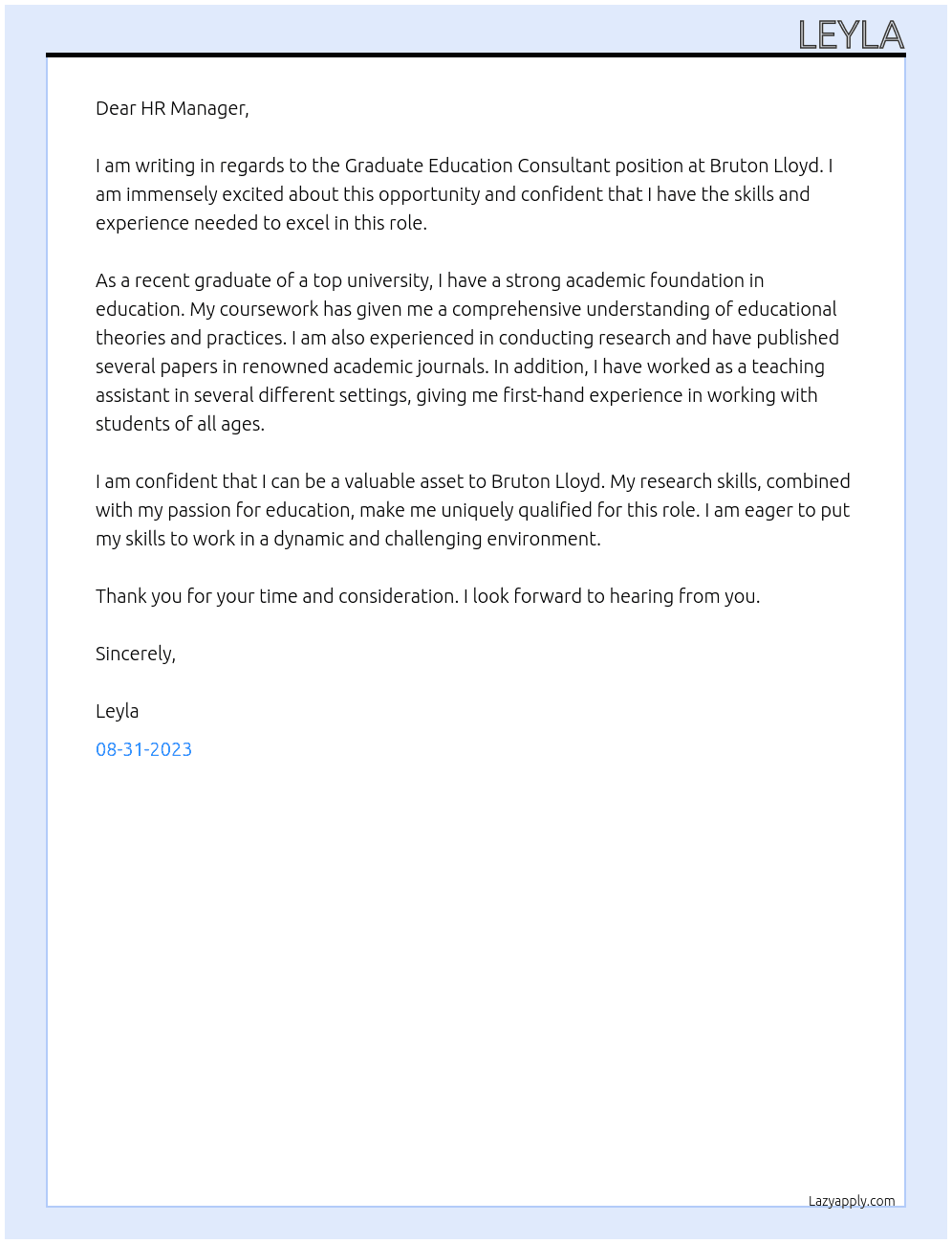 Graduate Education consultant At Bruton Lloyd Cover Letter
