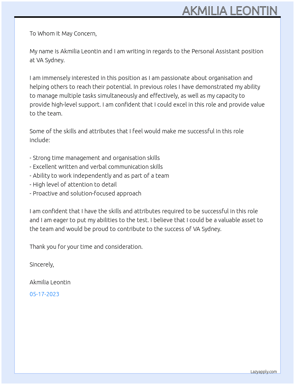 Personal Assistant At VA Sydney Cover Letter