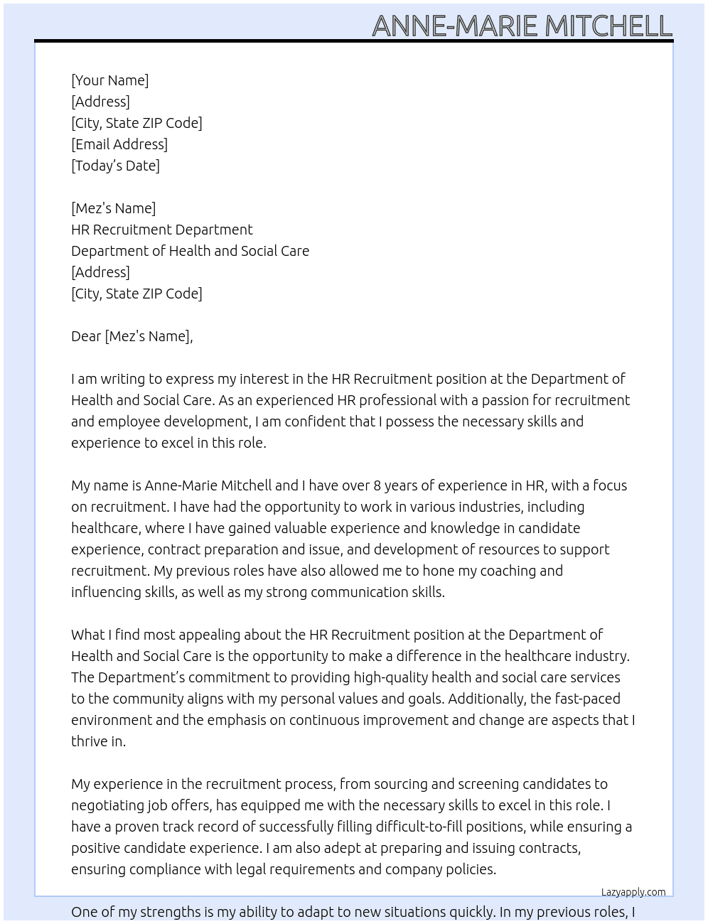 HR recruitment  At Department of health and social care Cover Letter