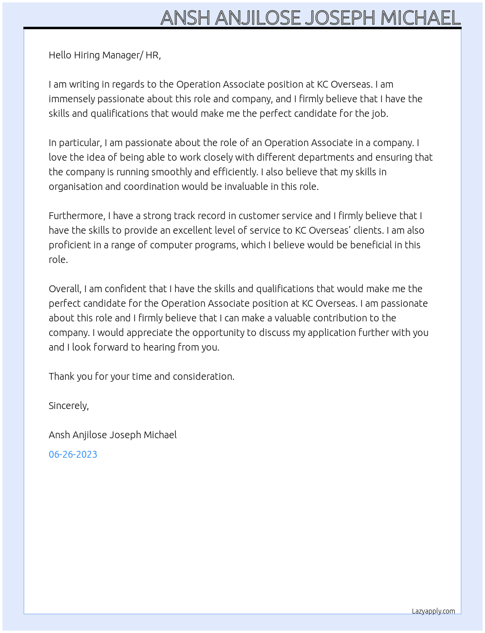 Operation associate  At KC overseas  Cover Letter