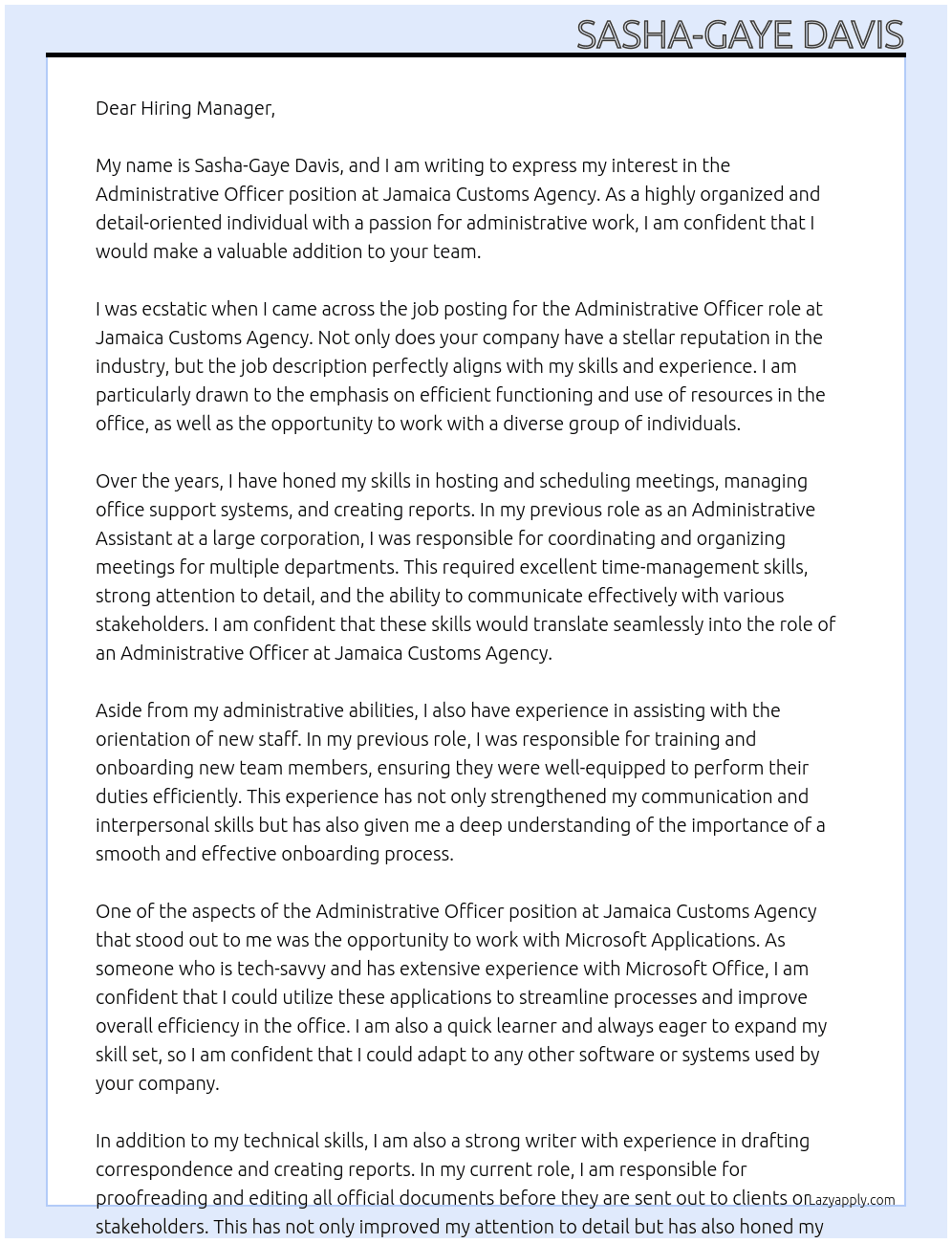 Administrative Officer  At Jamaica Custom Agency Cover Letter