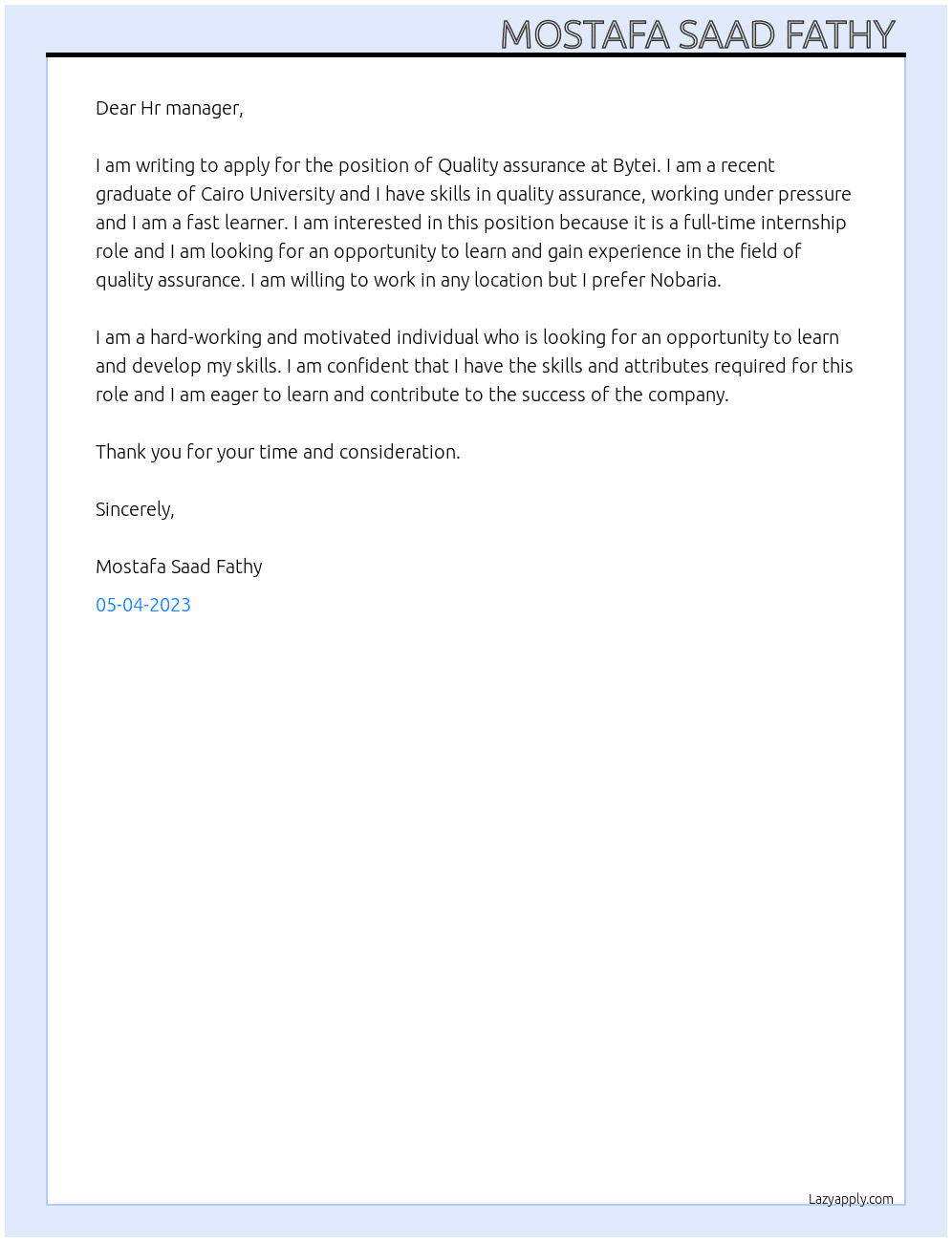 Quality assurance  At Bytei Cover Letter