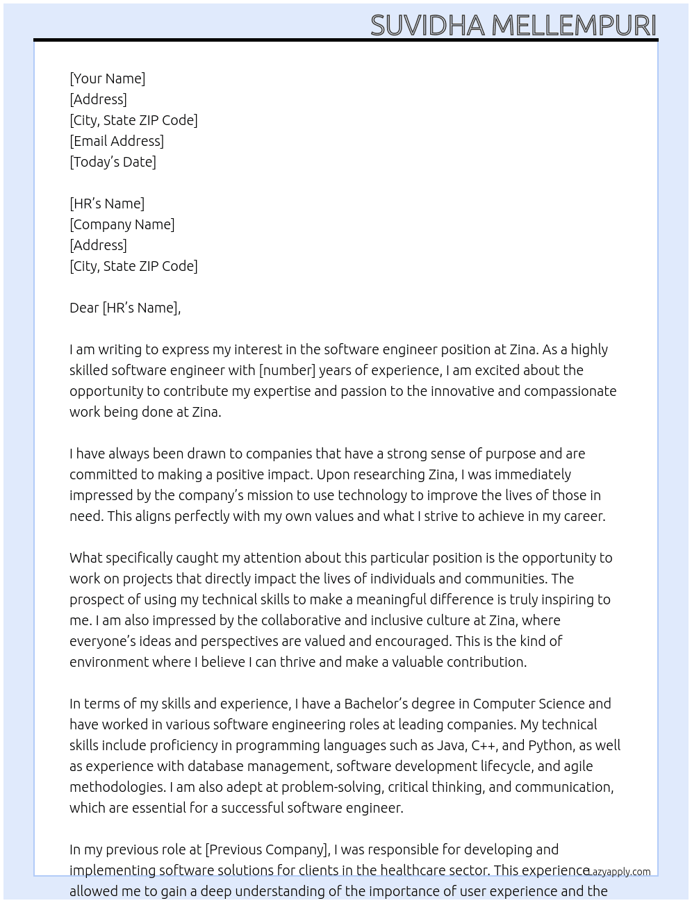 software engineer At Zina Cover Letter