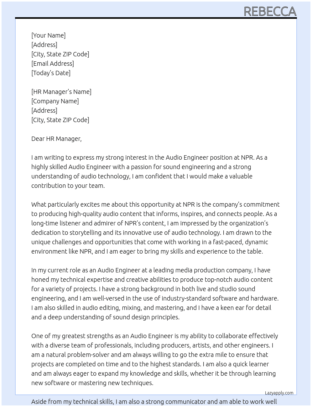 Audio Engineer At NPR Cover Letter