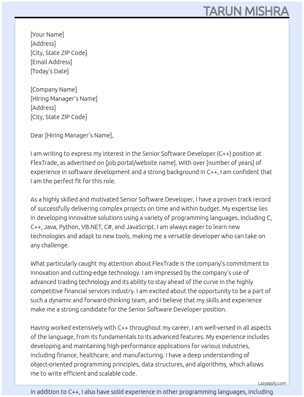 Senior Software Developer (C++) At FlexTrade Cover Letter