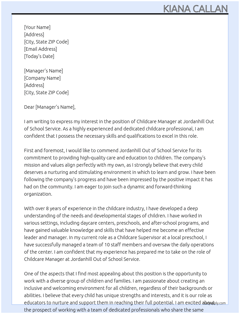 childcare manager  At Jordanhill out of school service Cover Letter