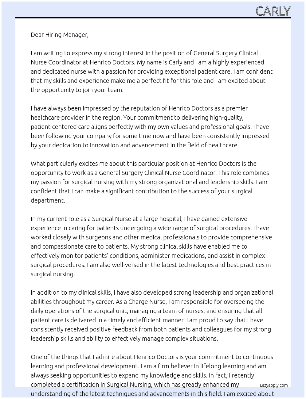 General Surgery Clinical Nurse Coordinator At Henrico Doctors Cover Letter