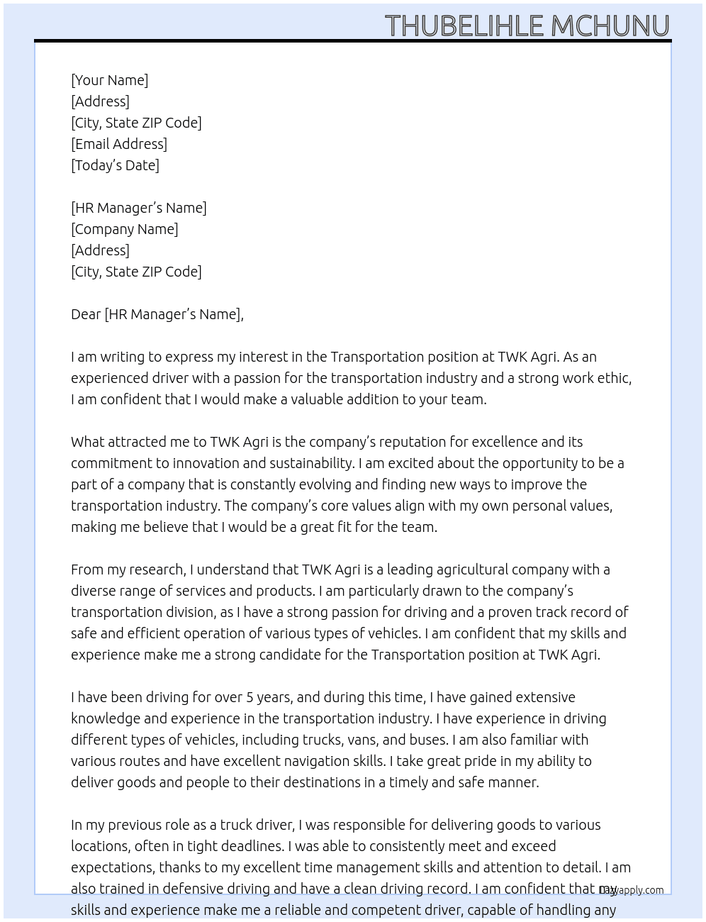 Transportation  At TWK Agri Cover Letter