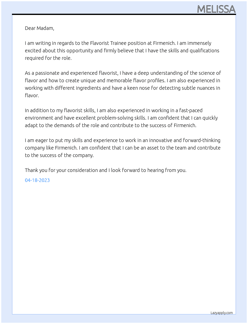 Flavorist Trainee At Firmenich Cover Letter