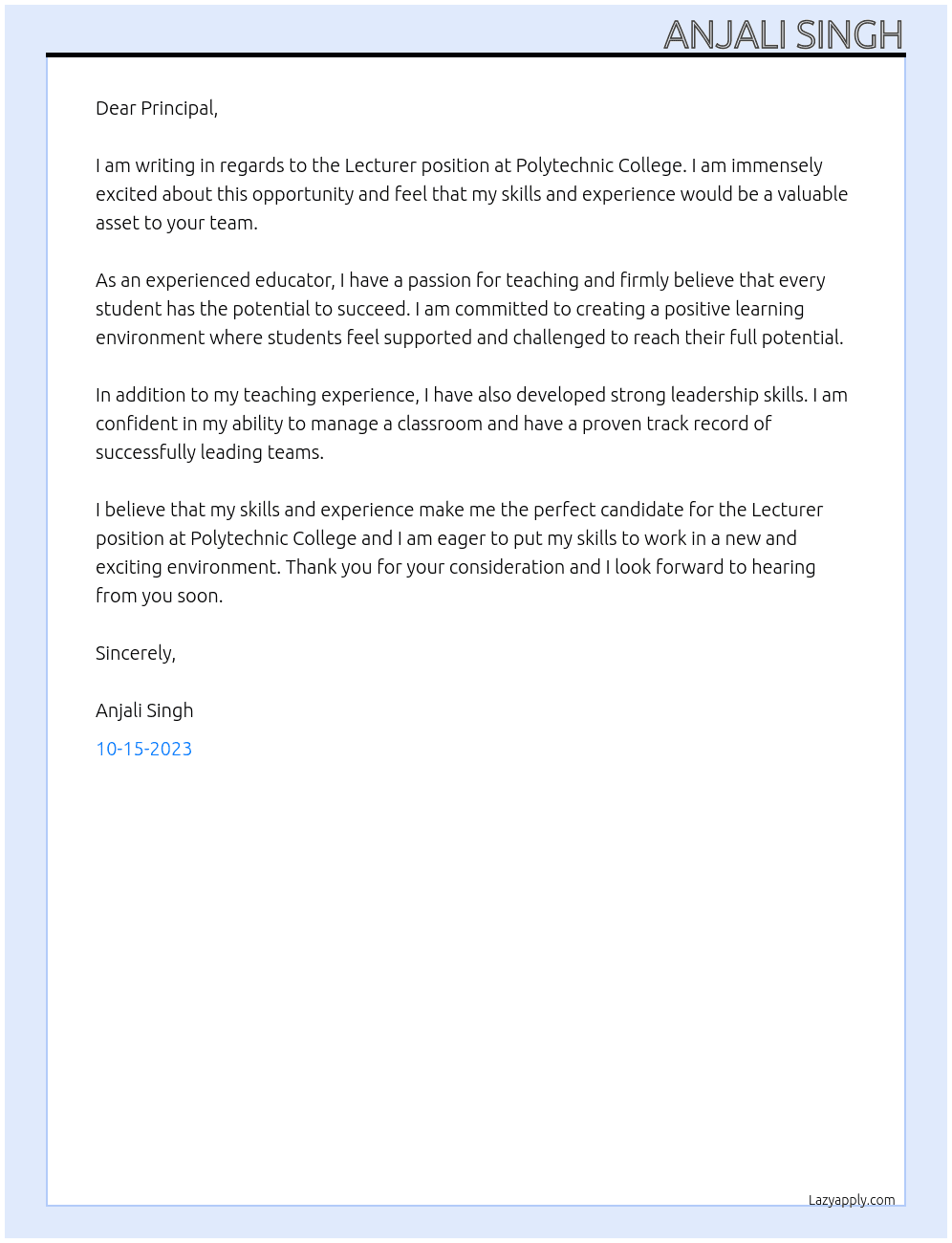 Lecturer At Polytechnic College Cover Letter