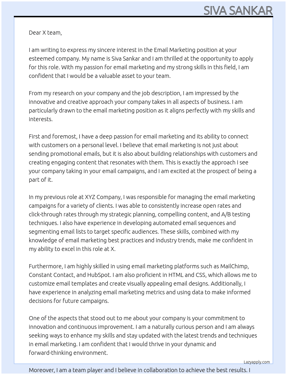 Email marketing At X Cover Letter
