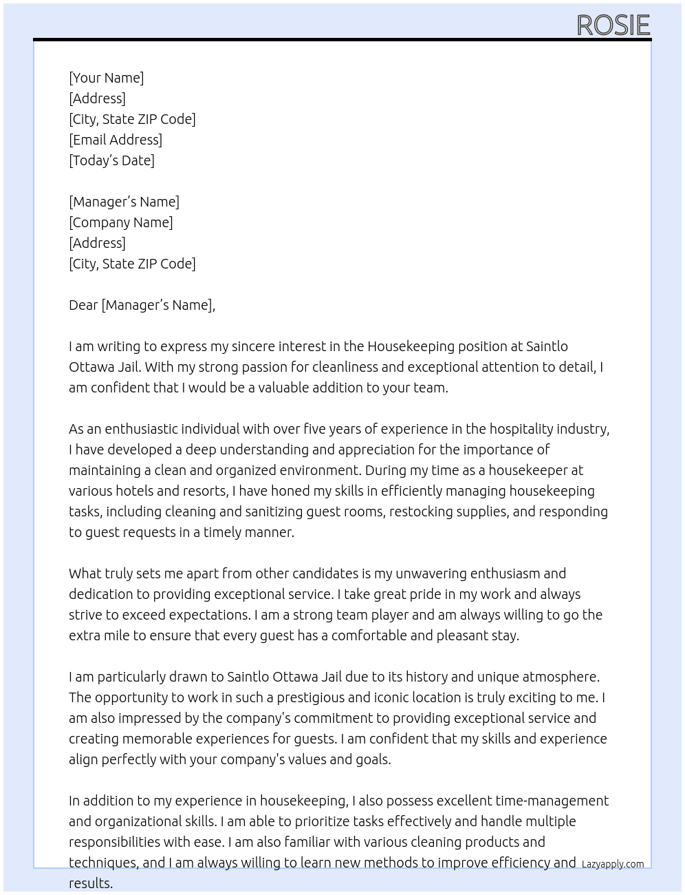 Housekeeping At Saintlo Ottawa Jail Cover Letter