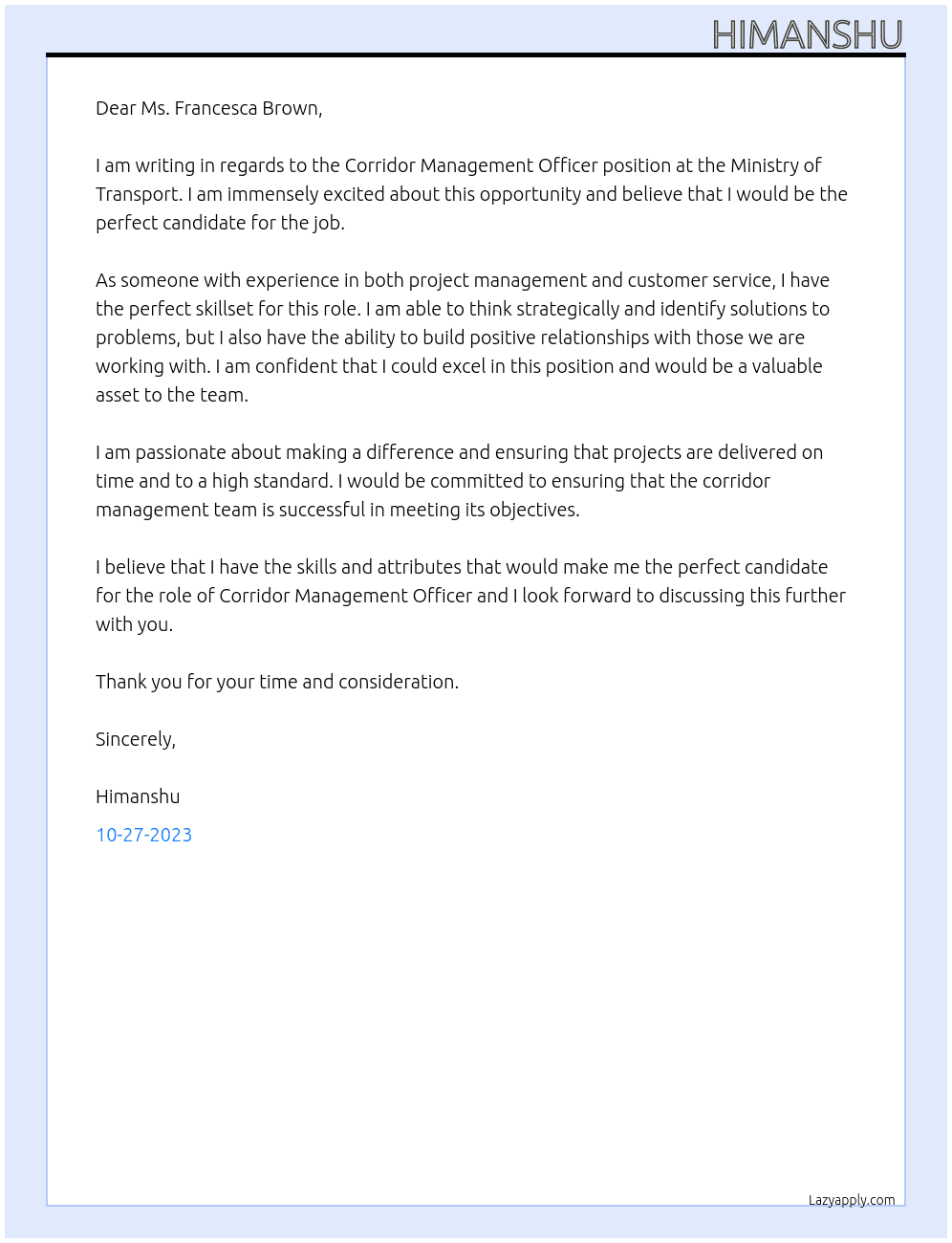 Corridor Management Officer At Ministry of Transport Cover Letter