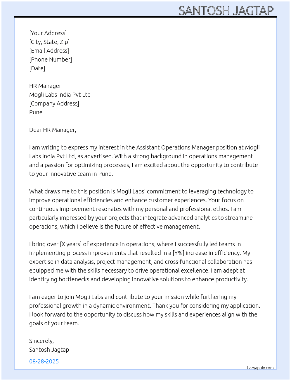 Cover letter for asistant operations manager - LazyApply