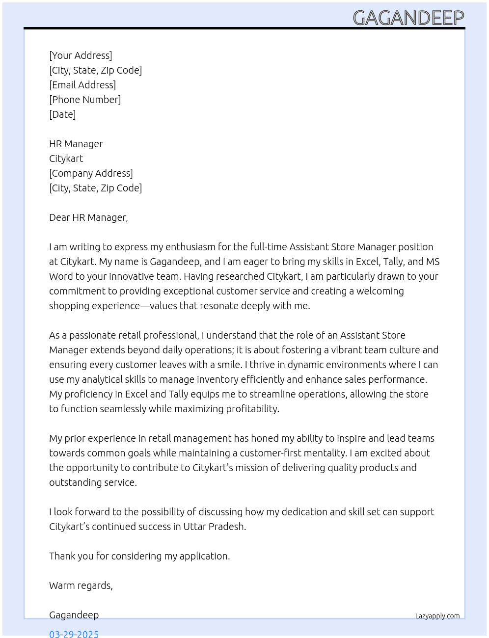 Assistant Store Manager At Citykart Cover Letter