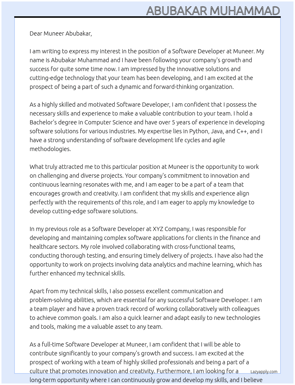 software developer At Muneer Cover Letter