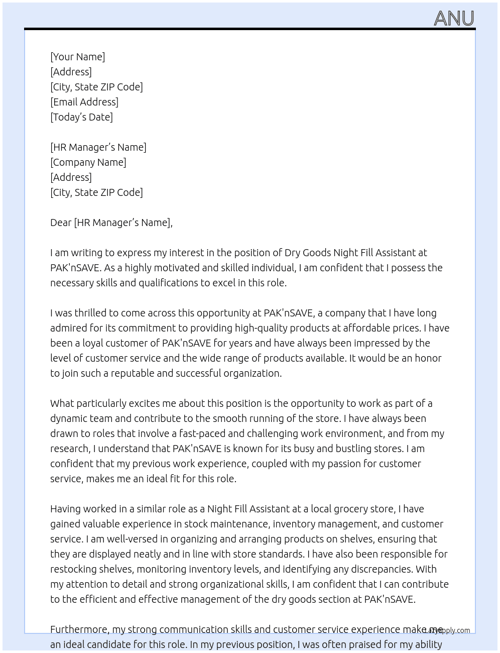 Dry Goods Night Fill Assistant  At PAK'nSAVE Cover Letter