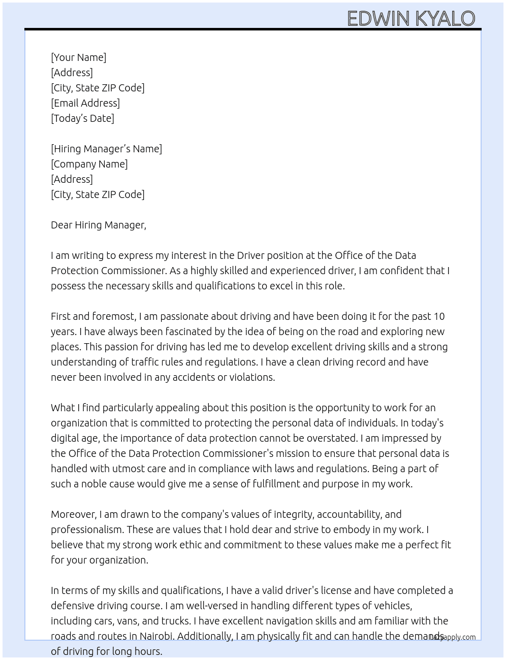 Driver  At Office of the data protection commissioner  Cover Letter
