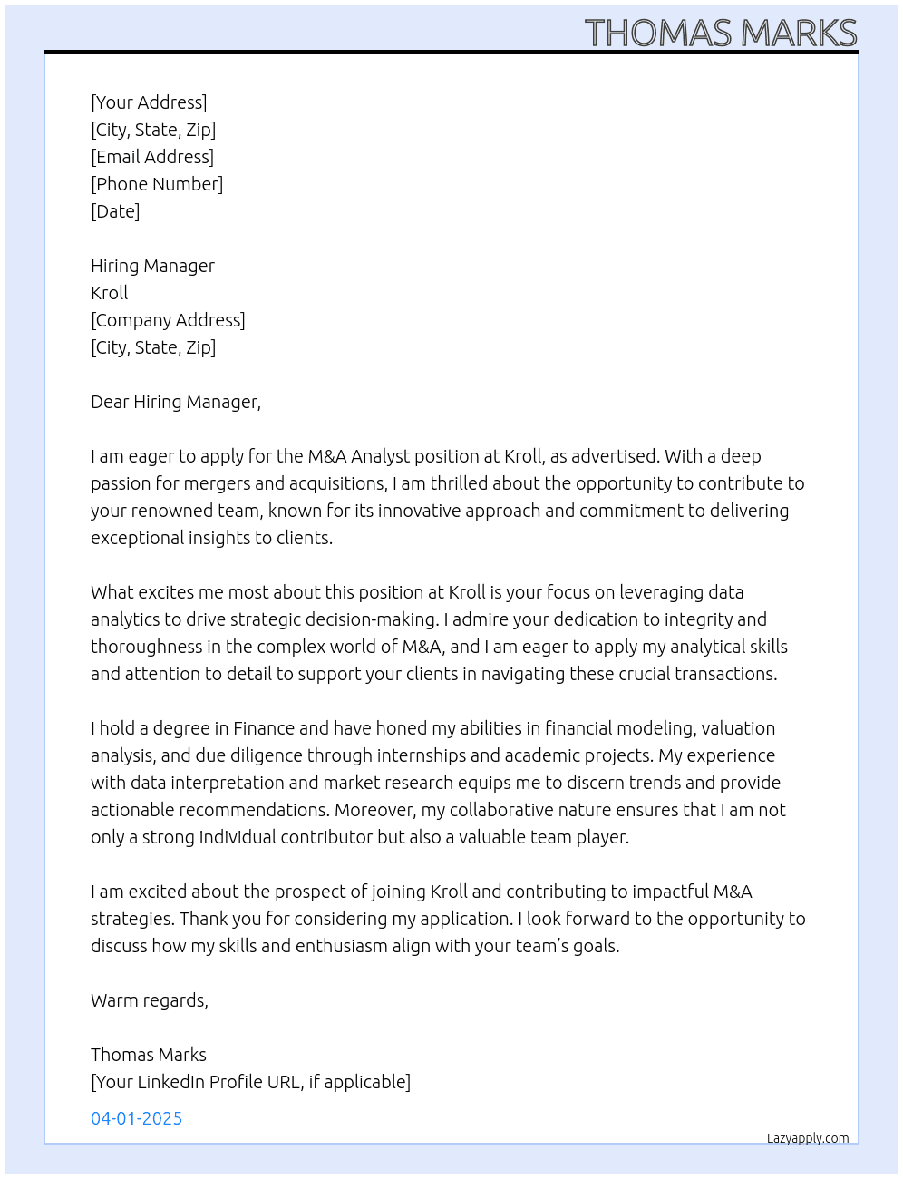 Cover letter for m&a analyst - LazyApply
