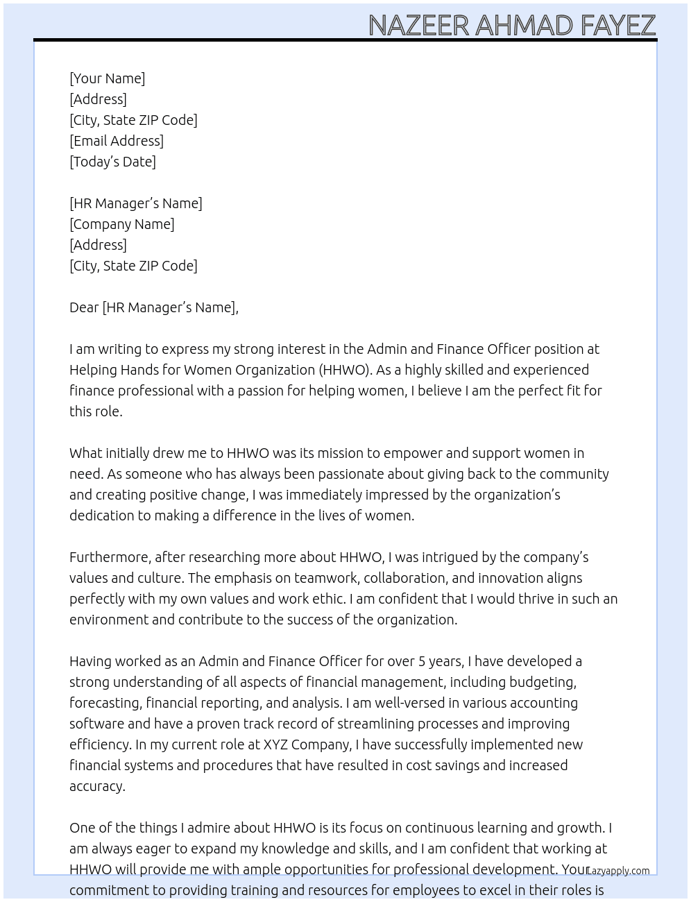 Admin and Finance Officer At Helping Hands for Women Organization - HHWO Cover Letter