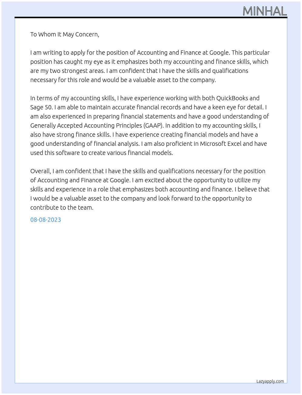Accounting and finance  At Google Cover Letter