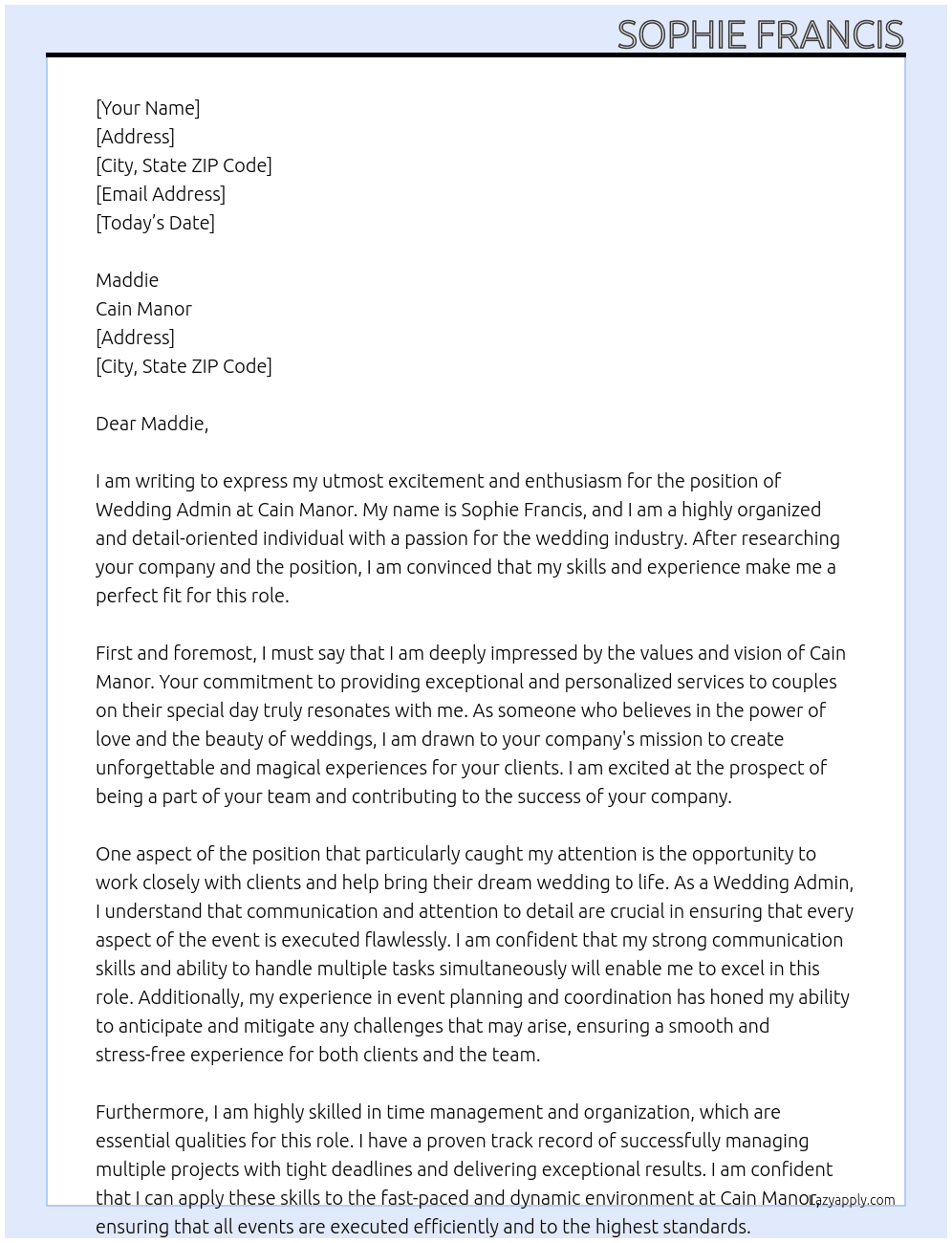 Wedding Admin At Cain Manor Cover Letter