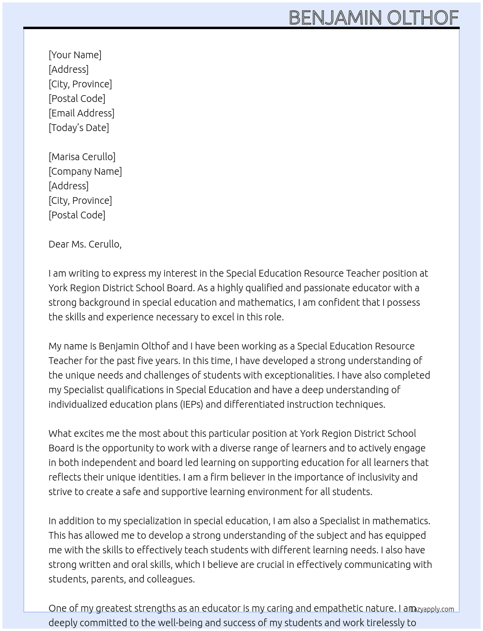 Special Education Reource Teacher At York Region District School Board Cover Letter