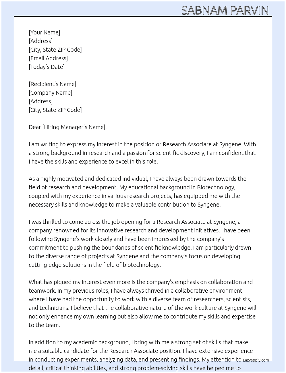 Research associate  At Syngene Cover Letter