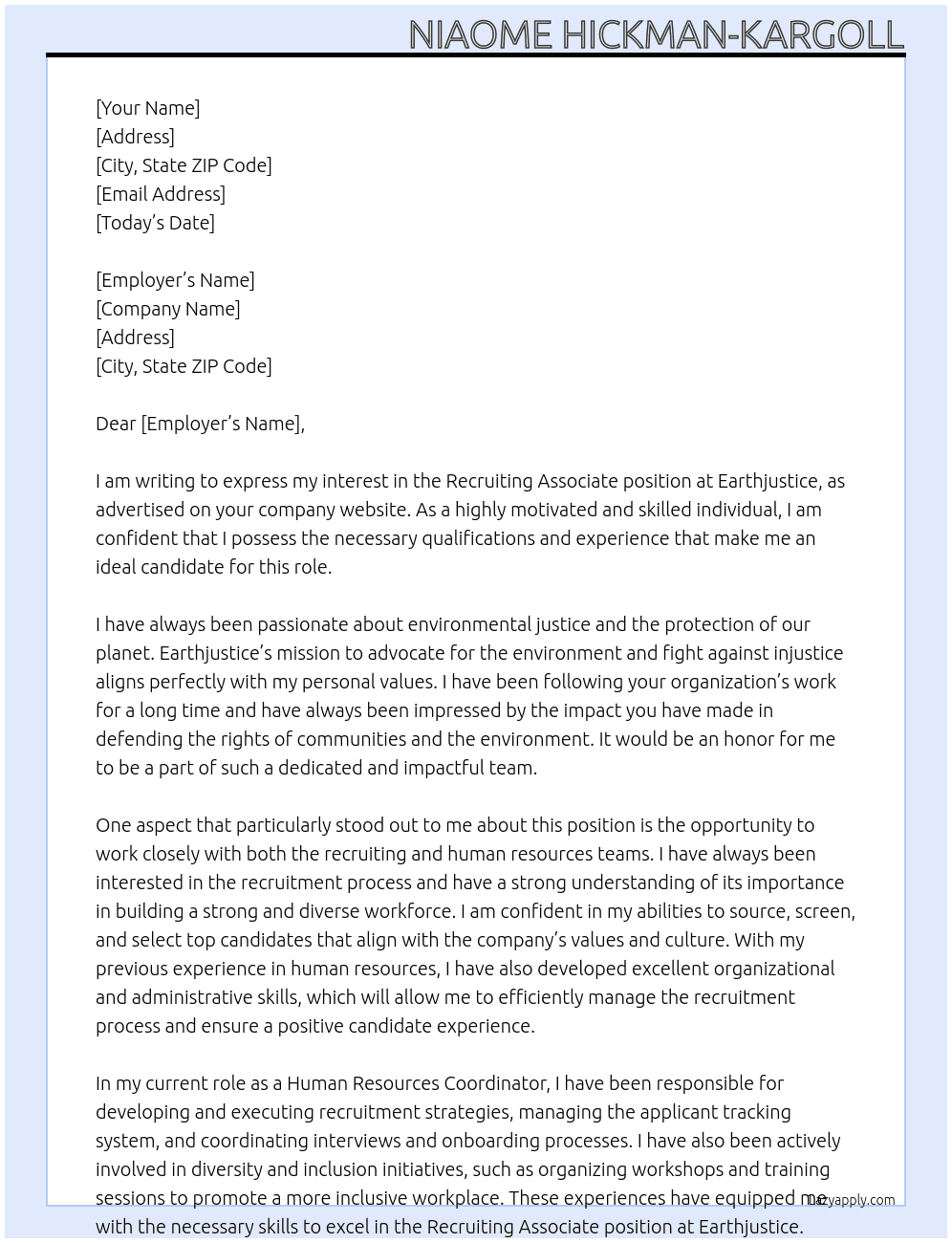 Recruiting Associate At Earthjustice Cover Letter