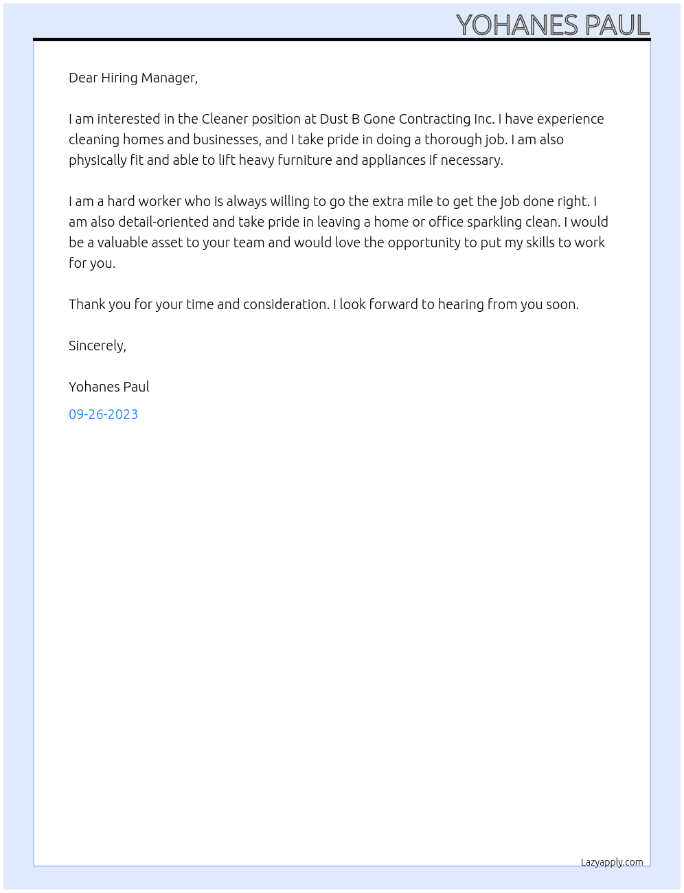Cleaner At Dust B Gone Contracting Inc Cover Letter