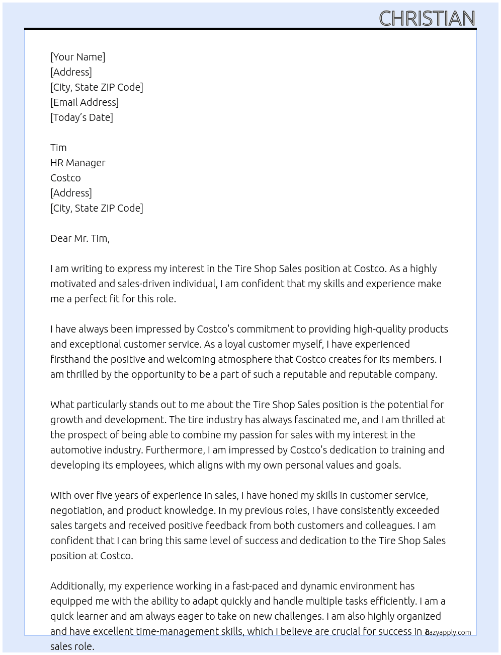 Cover letter for tire shop sales - LazyApply