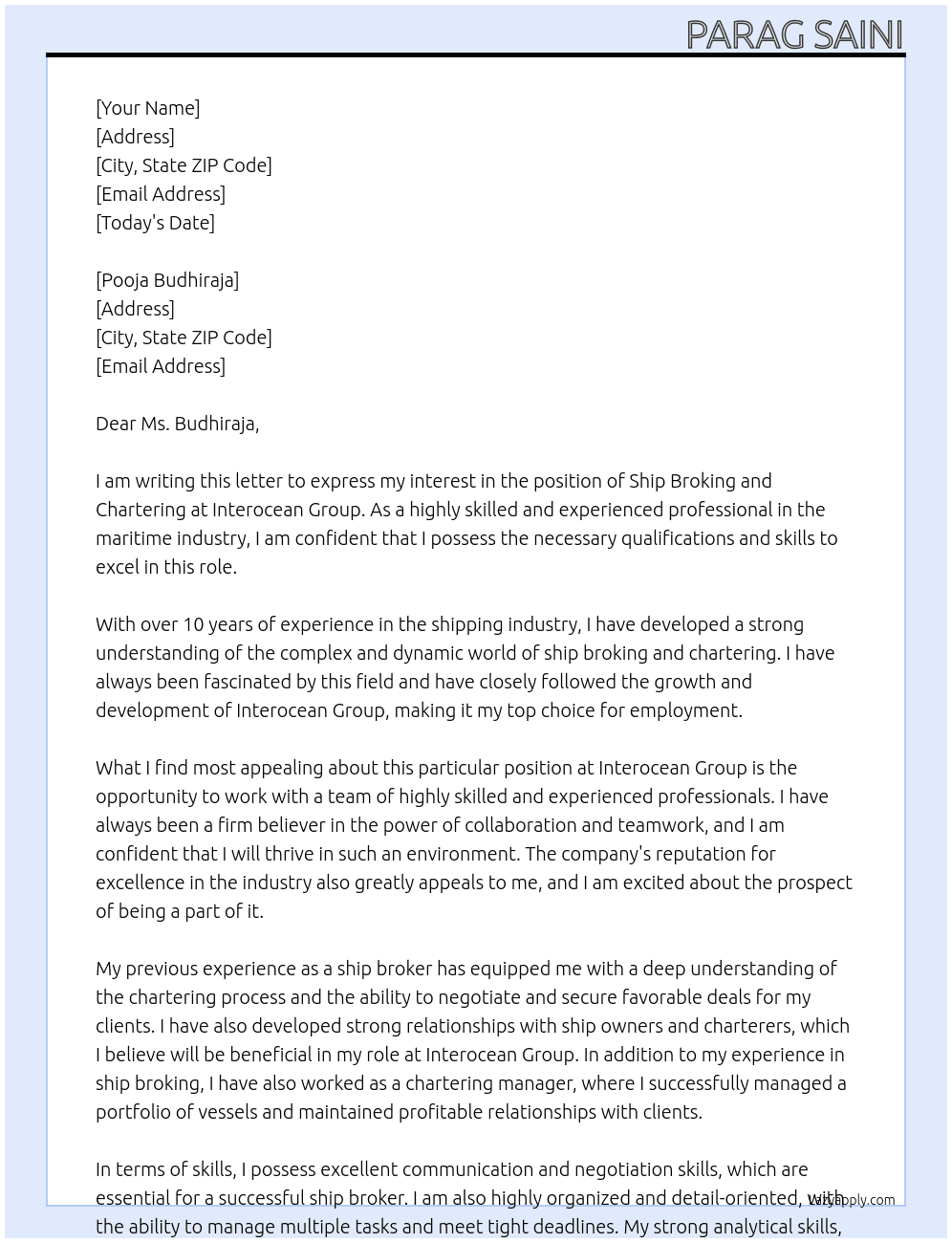 ship broking and chartering At Interocean Group Cover Letter