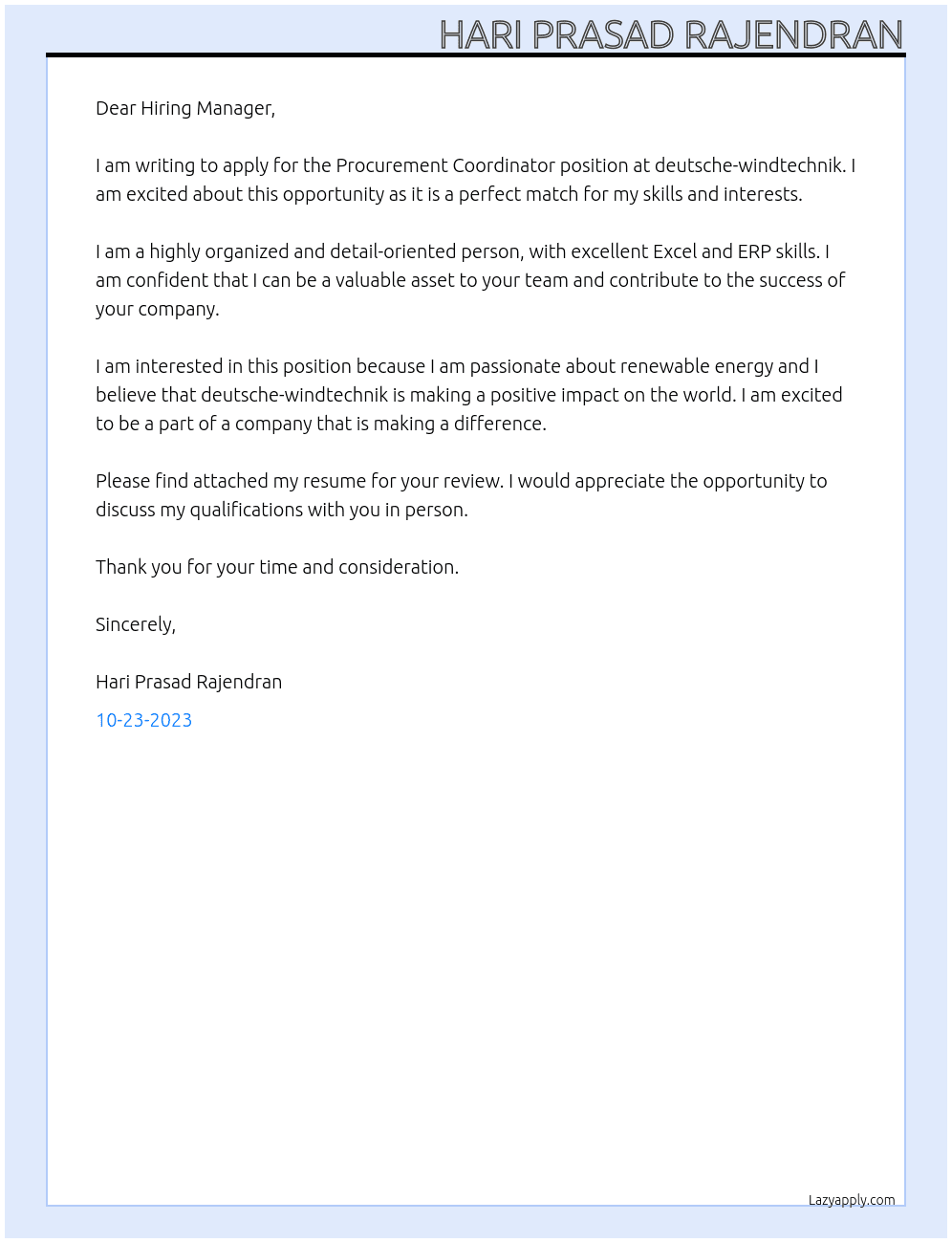 Procurement Coordinator  At deutsche-windtechnik Cover Letter