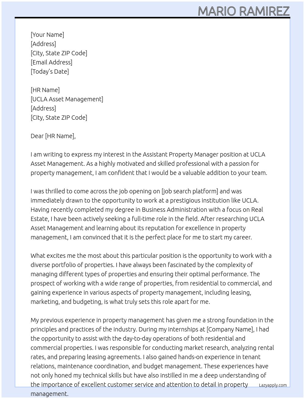 Assistant Property Manager At UCLA Assest Management Cover Letter