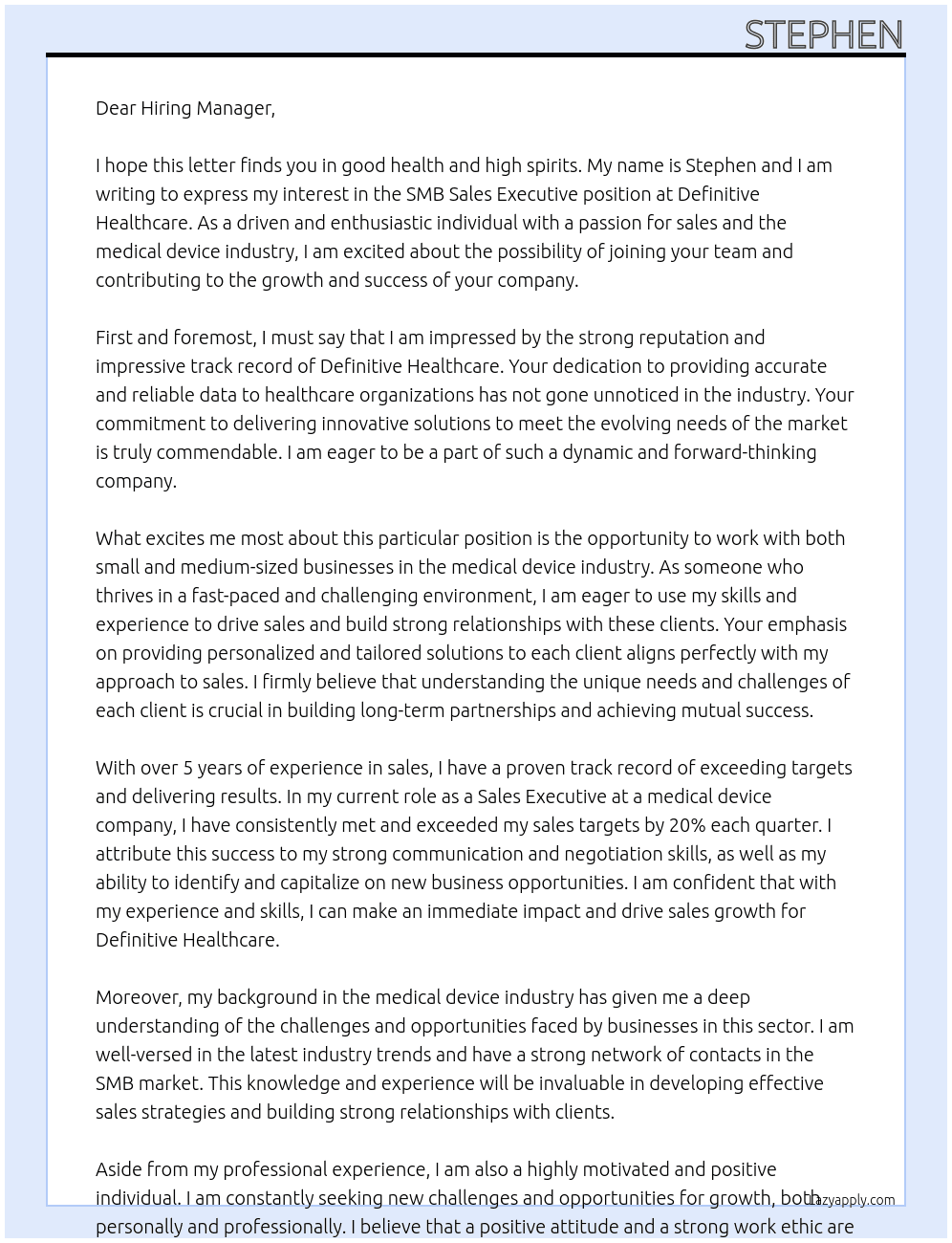 SMB Sales Executive, Med Device At Definitive Healthcare Cover Letter