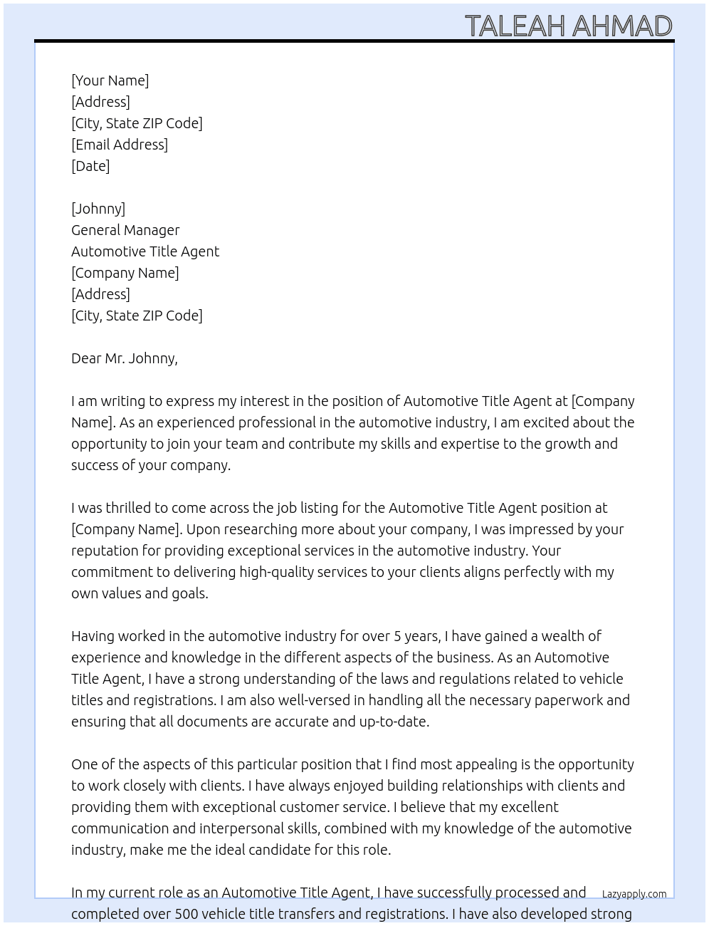Automotive Title Agent  At Automotive Title Agent  Cover Letter