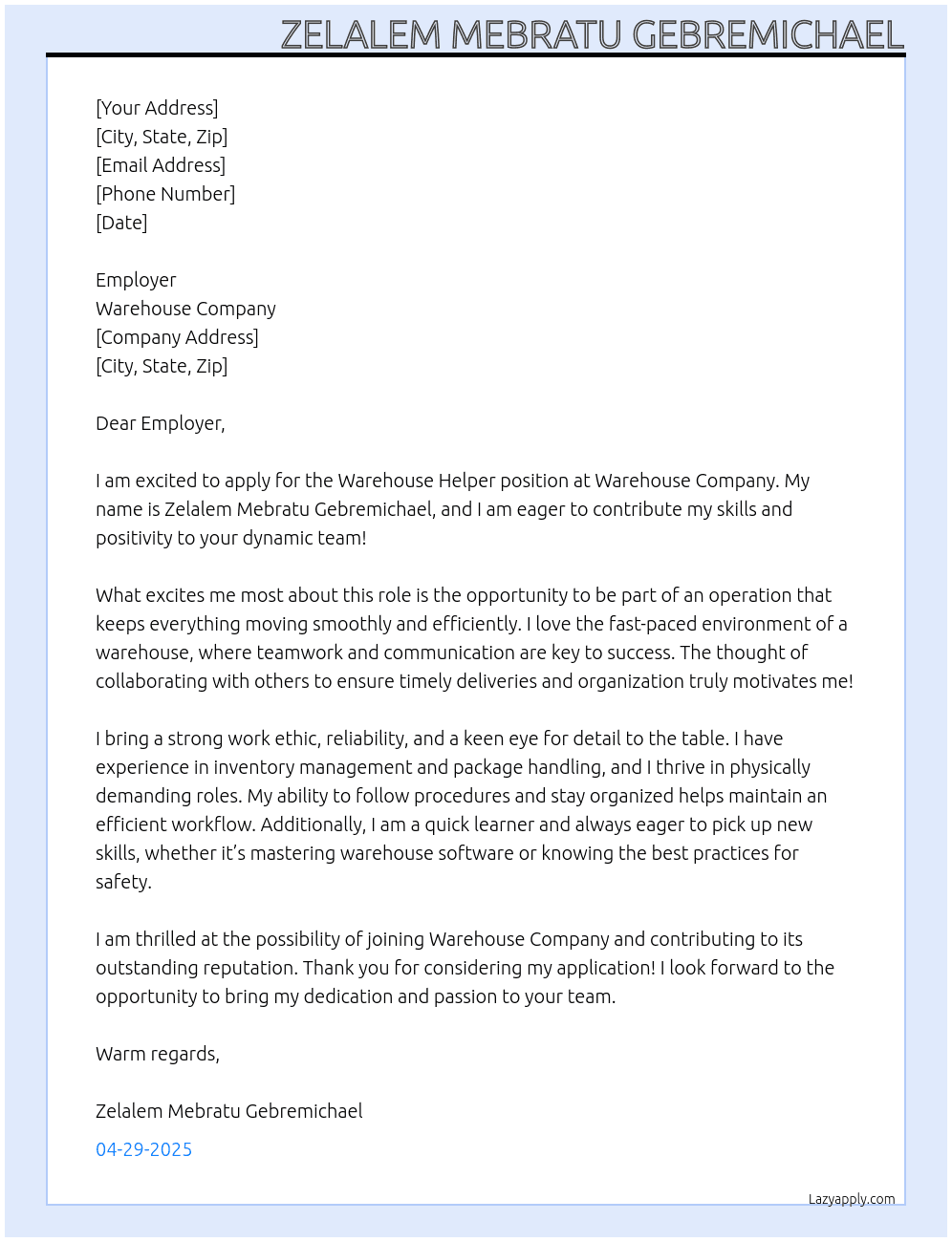 Warehouse Helper At warehouse company  Cover Letter