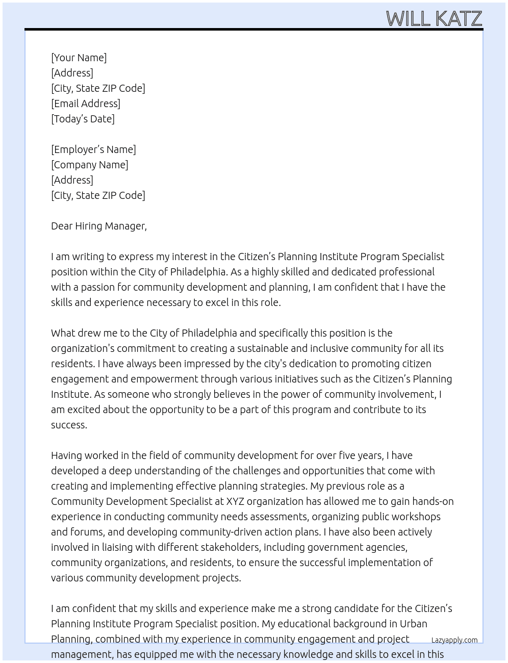 Citizen’s Planning Institute Program Specialist At City of Philadelphia Cover Letter
