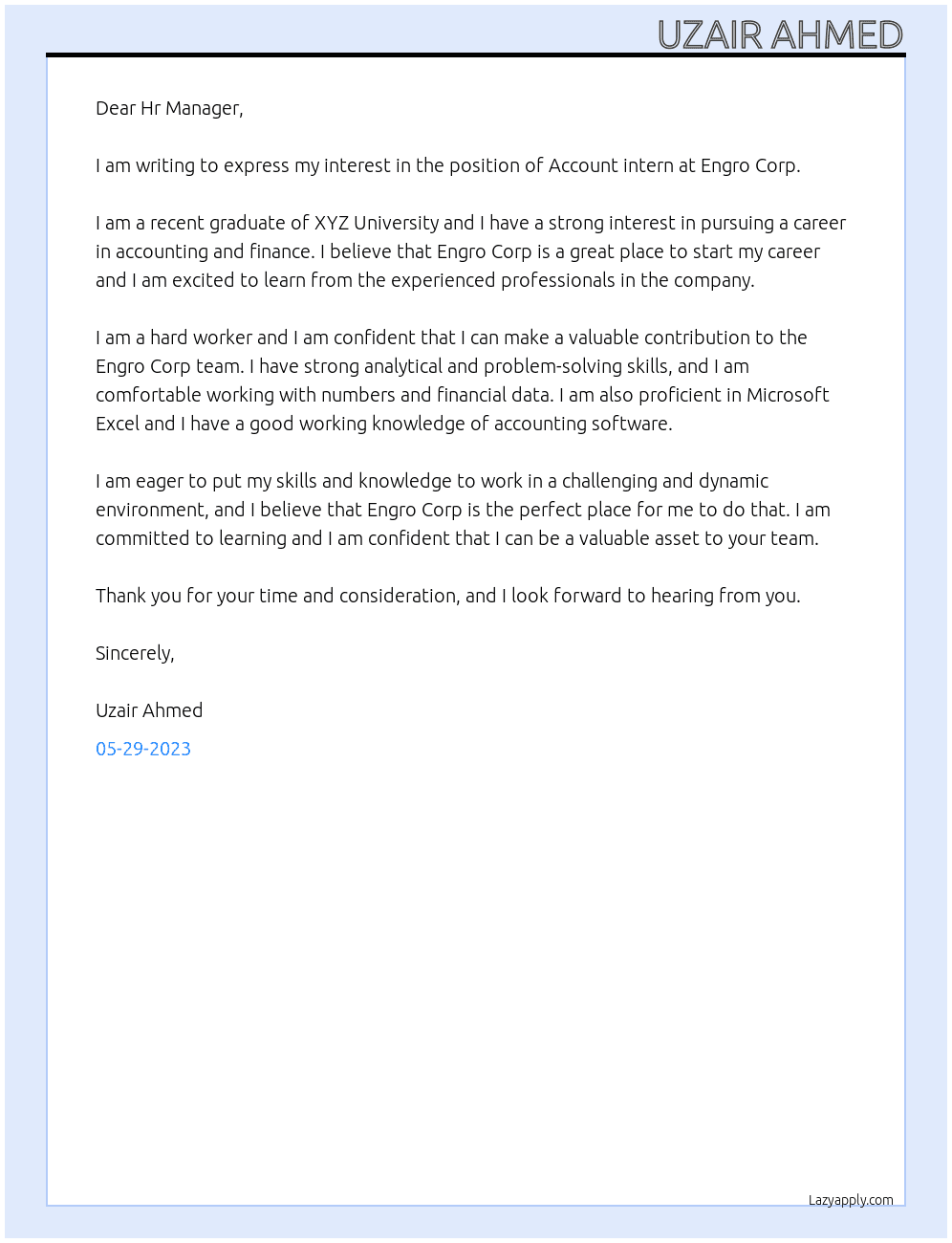 Account internee At Engro corp Cover Letter