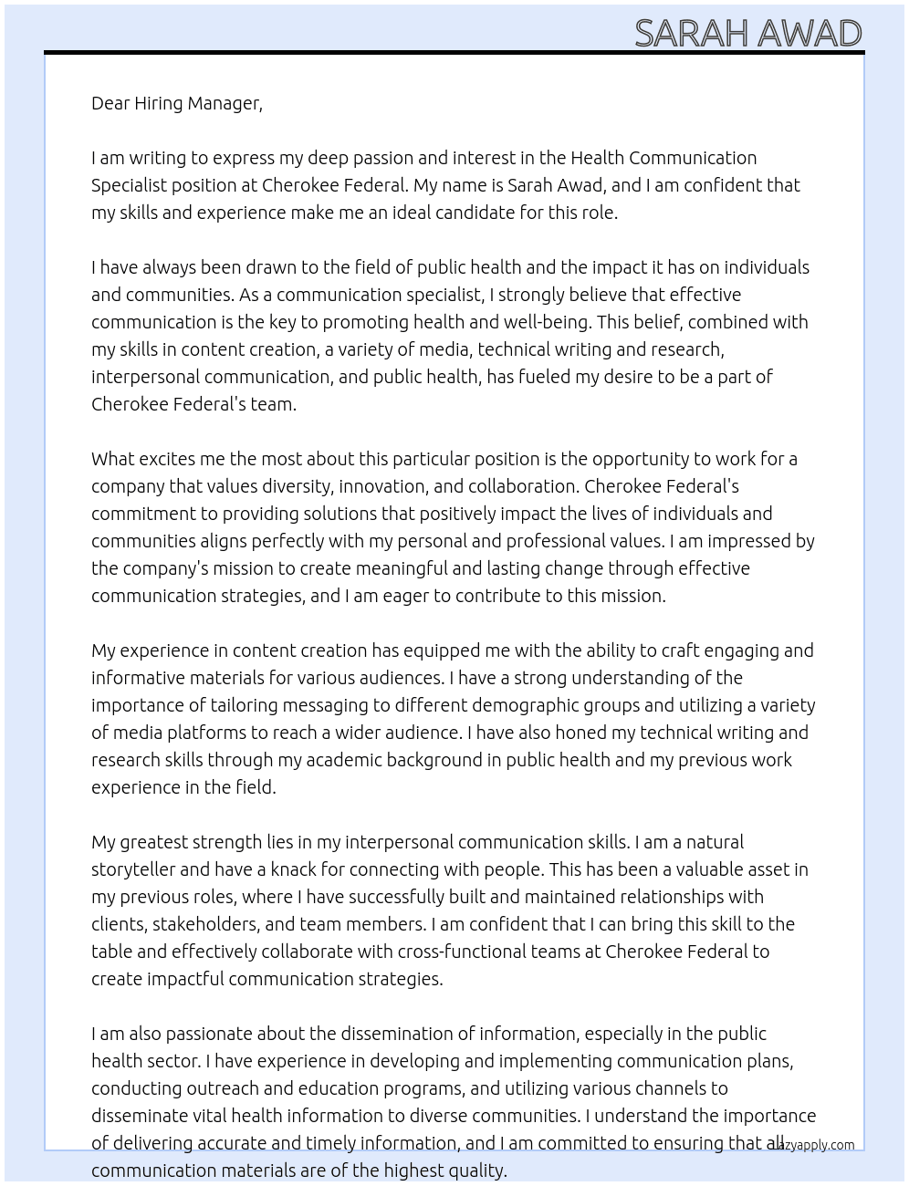 Health Communication Specialist At Cherokee Federal Cover Letter