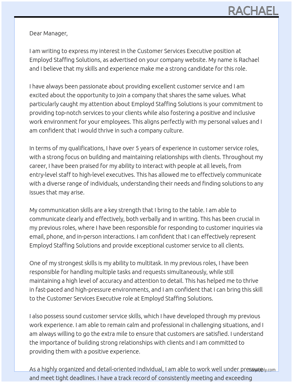 Customer Services Executive At Employd Staffing Solutions Cover Letter