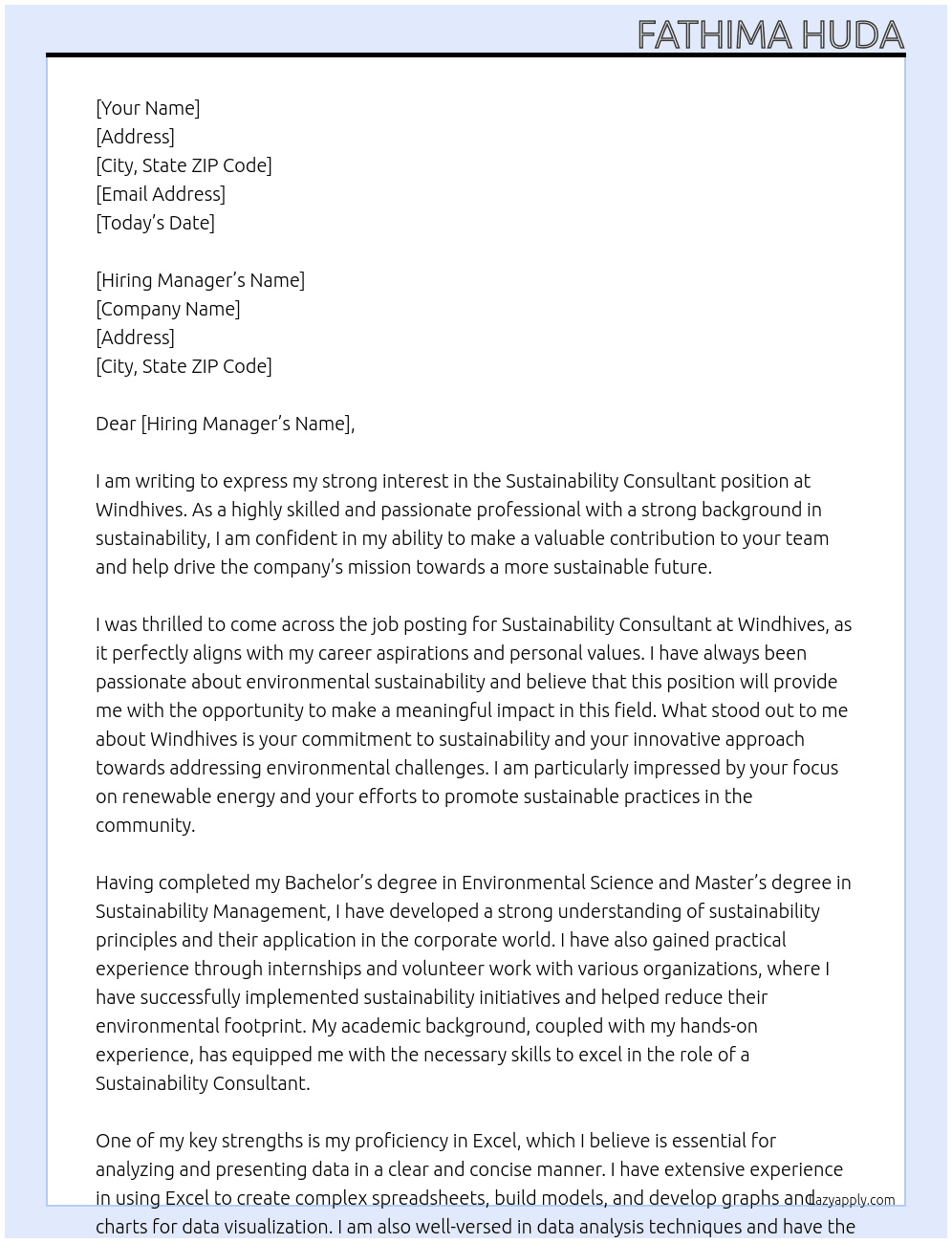 Sustainability consultant  At Windhives  Cover Letter