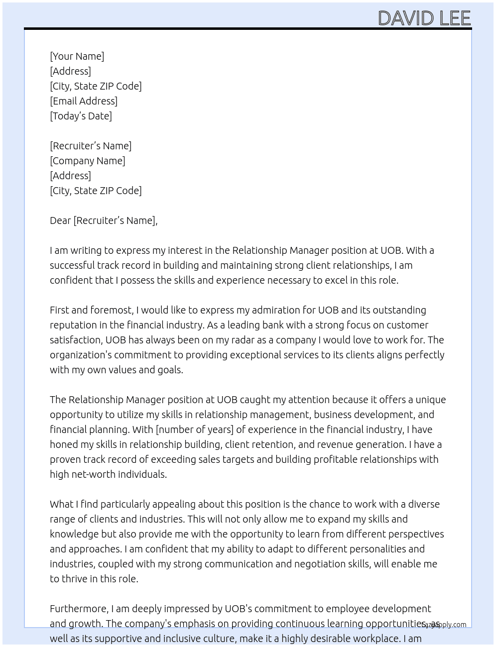 relationship manager At uob Cover Letter