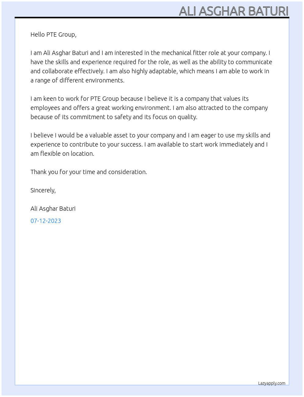Mechanical Fitter  At PTE Group Cover Letter